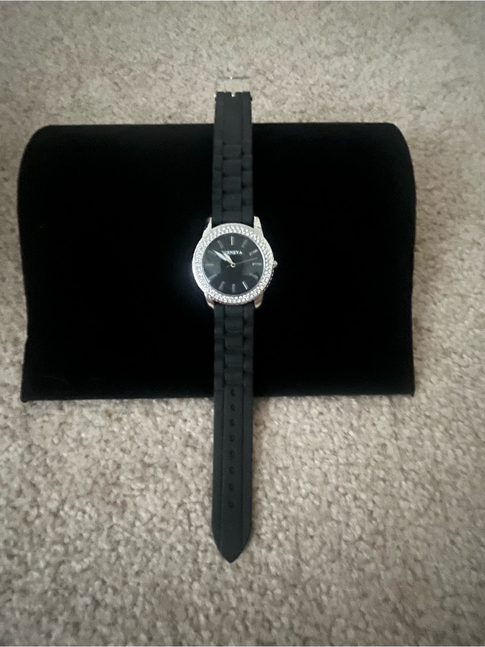 Geneva Black Silicone Strap Watch with Crystal Bezel